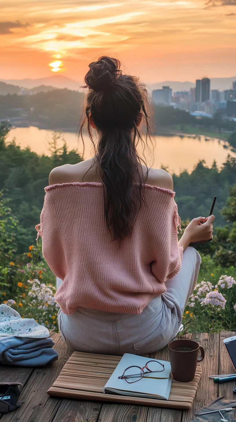 Young woman relaxing on deck overlooking sunset lake