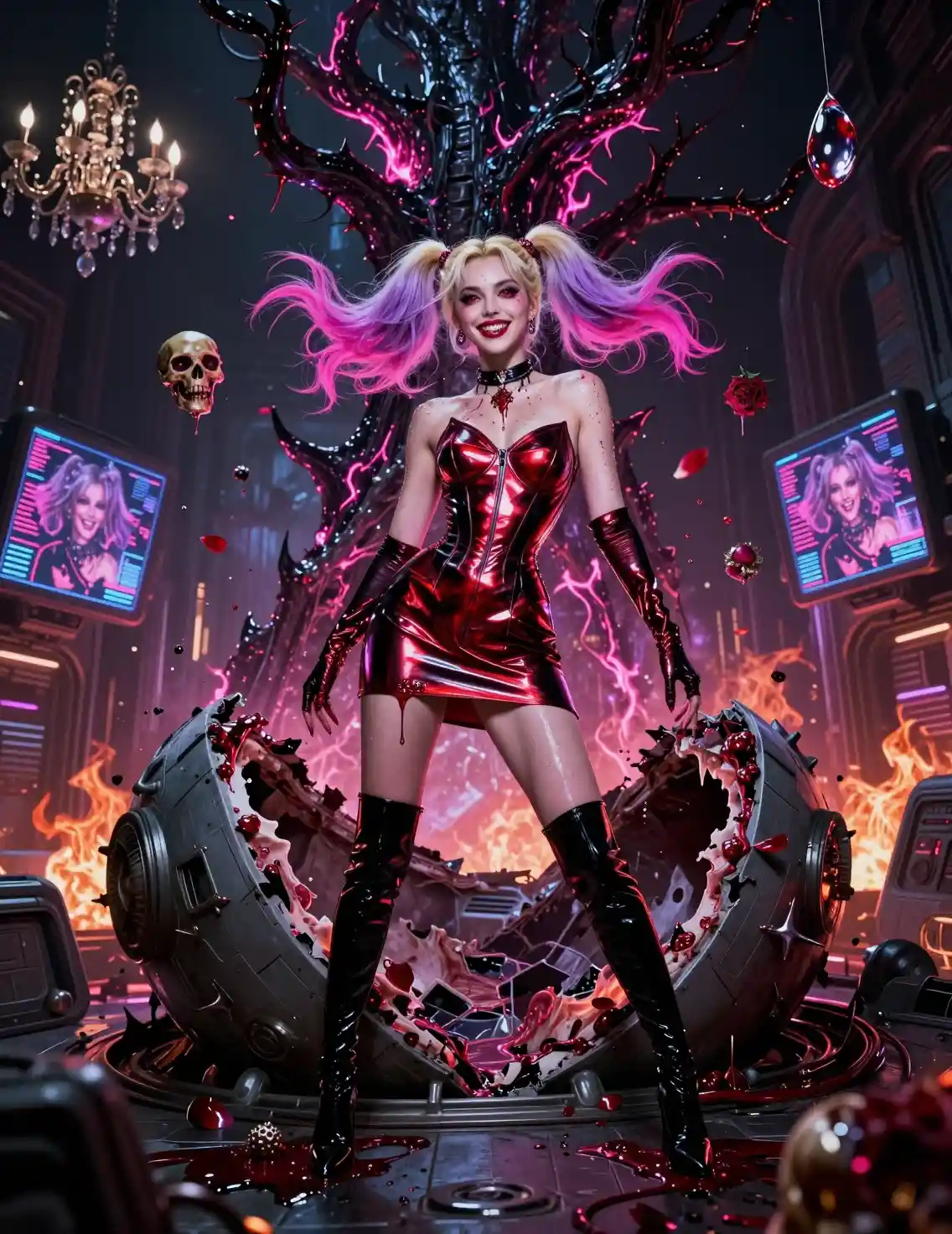 Femme fatale on shattered starship amid infernal sci fi tree