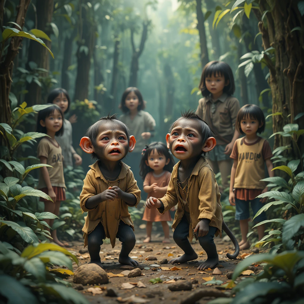 Scared children watching captured monkeys in the jungle