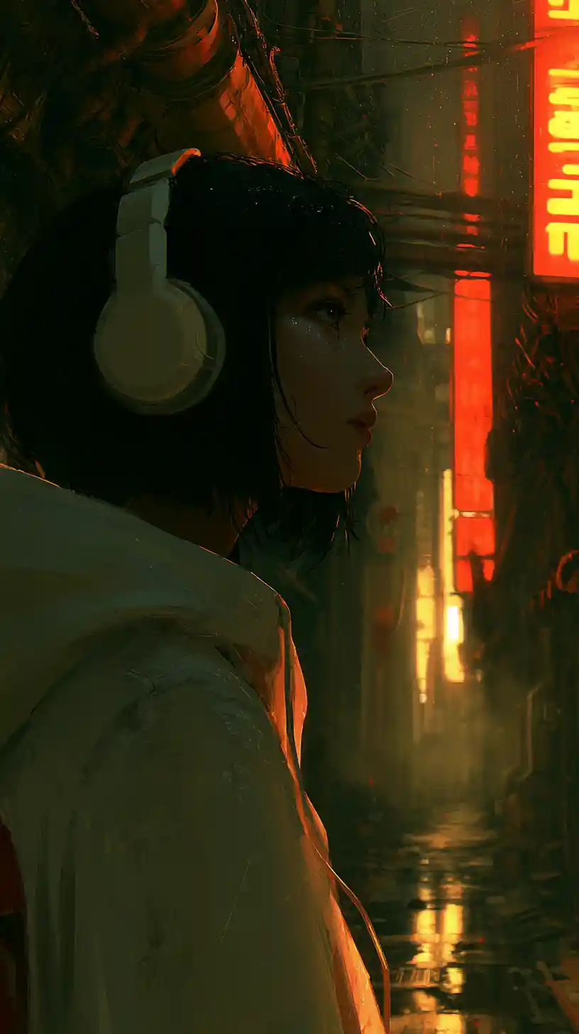 Anime woman in neon lit alley on a rainy night