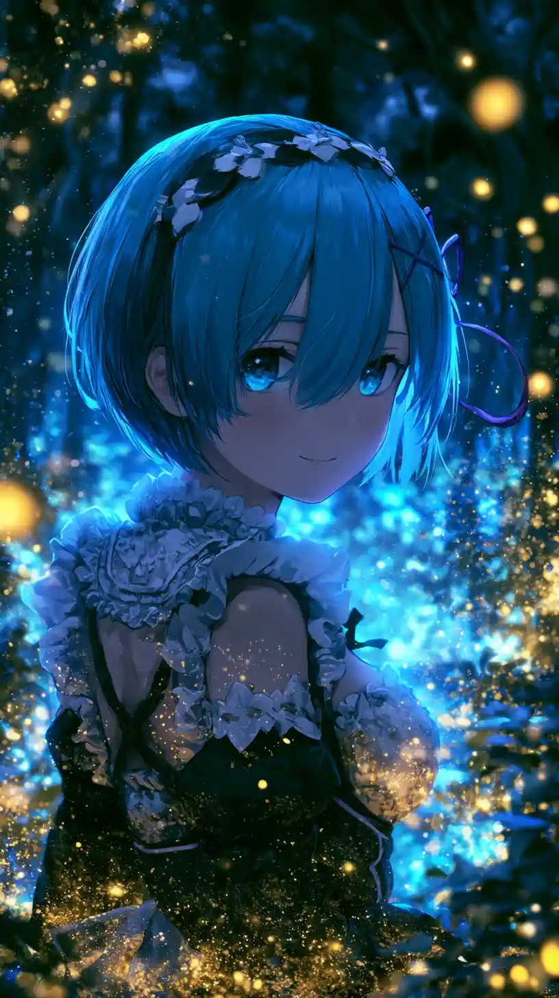 Blue haired anime maid in a glowing fantasy forest