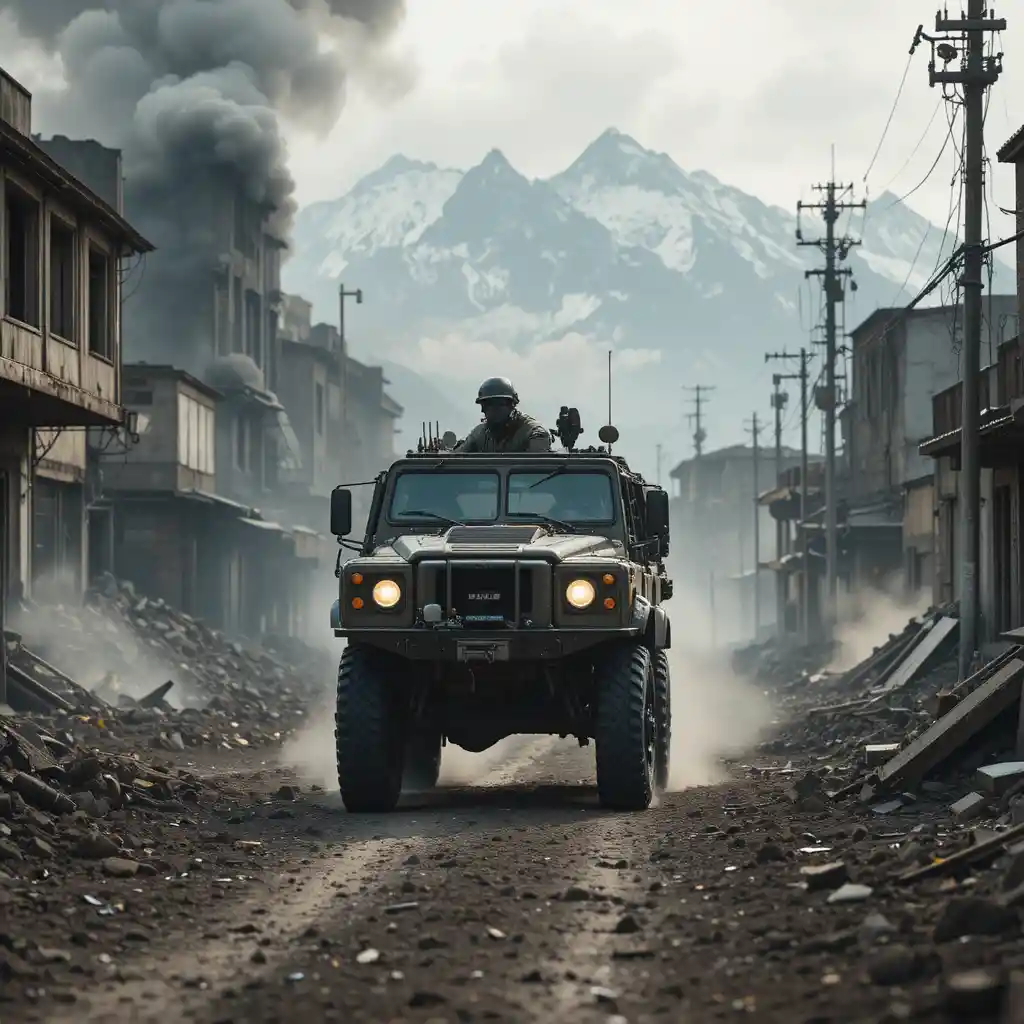 Armored military truck in a ruined post apocalyptic city
