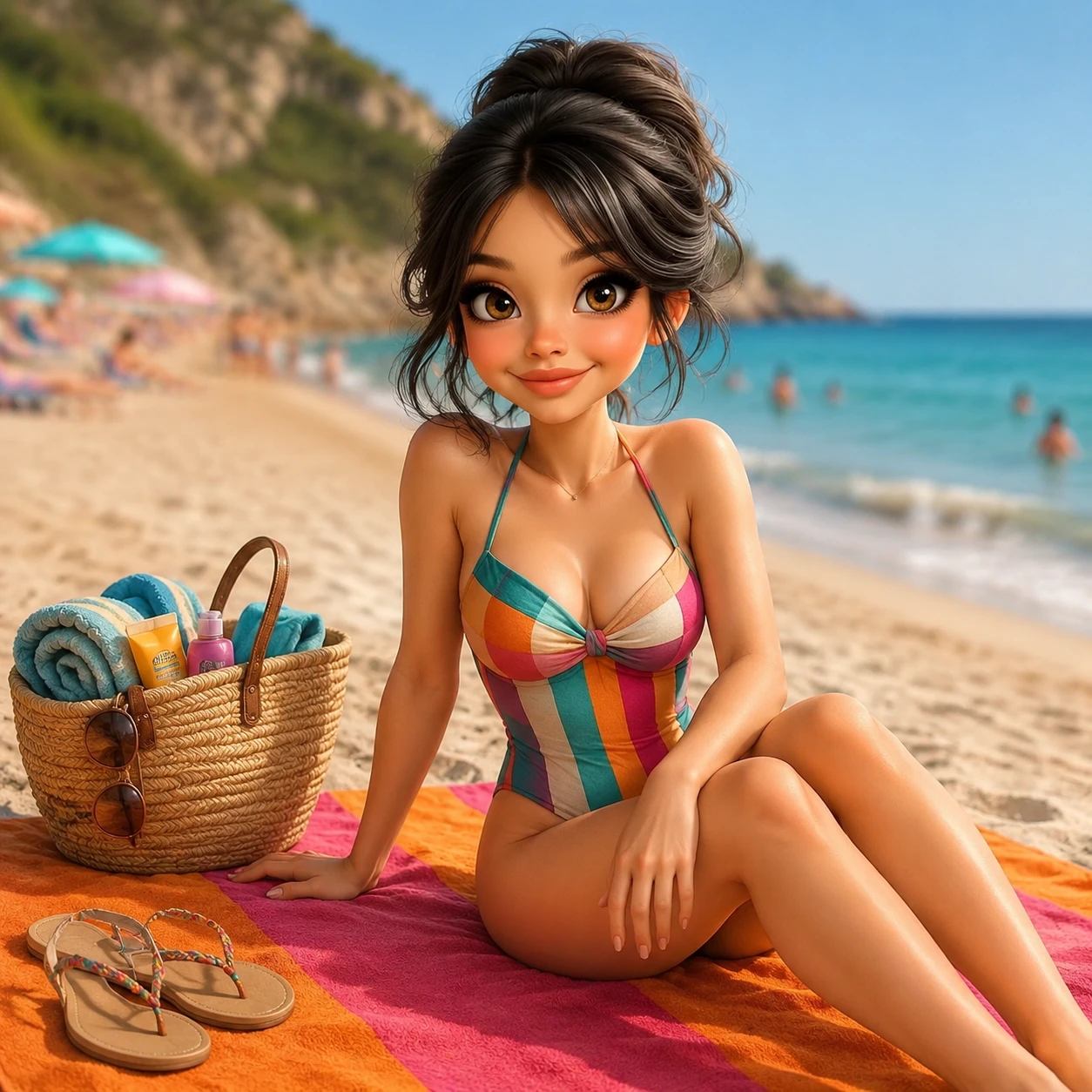 Woman in multicolor swimsuit relaxing on beach towel