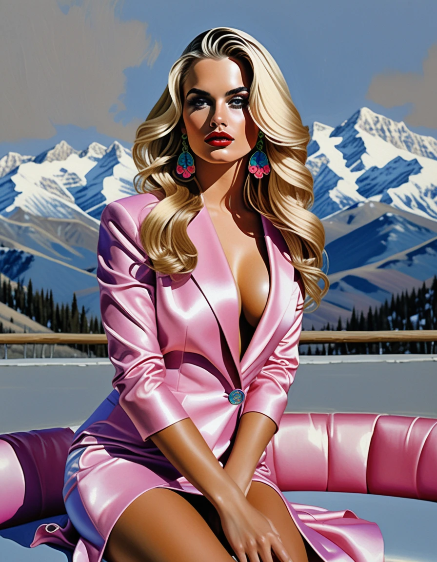 Blonde fashion woman in couture at mountain cabin retreat