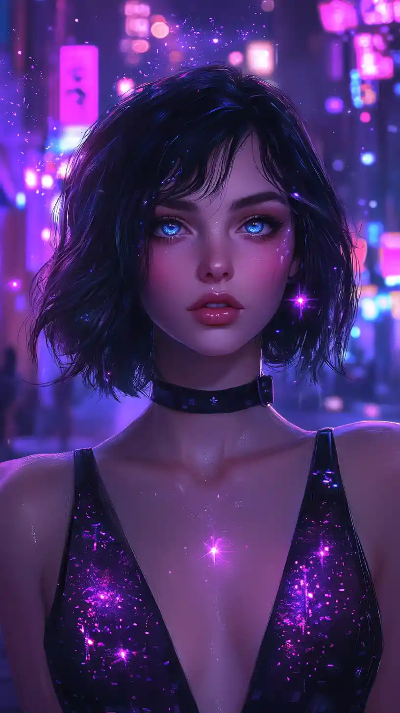 Anime girl with glowing ribbons on a mysterious city street