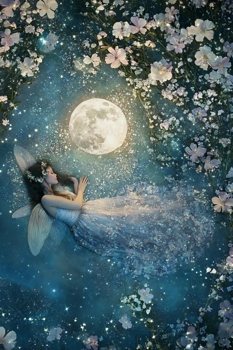 Serene fairy resting on the moon amid glowing flowers