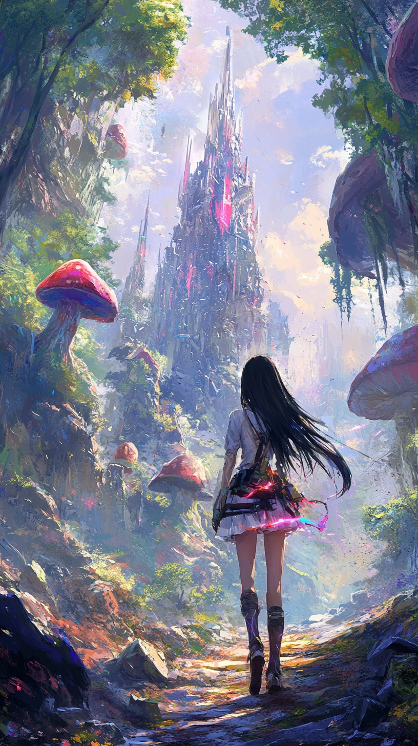 Anime girl watching a shattering world in fantasy forest