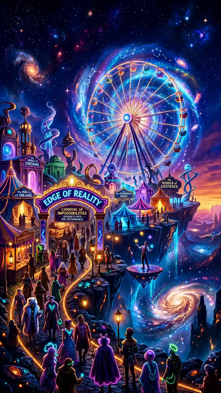 Surreal carnival gateways opening onto impossible dreamlike realms