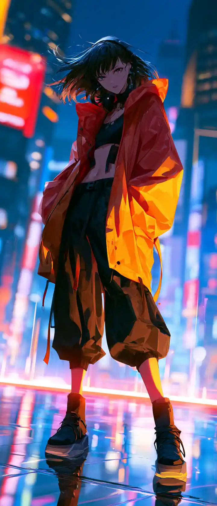 Anime heroine posing on neon Tokyo rooftop at night