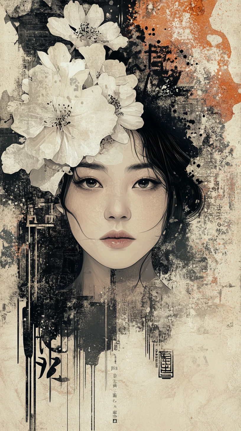 Ritratto di donna dell’Asia orientale con fiori e arte a inchiostro