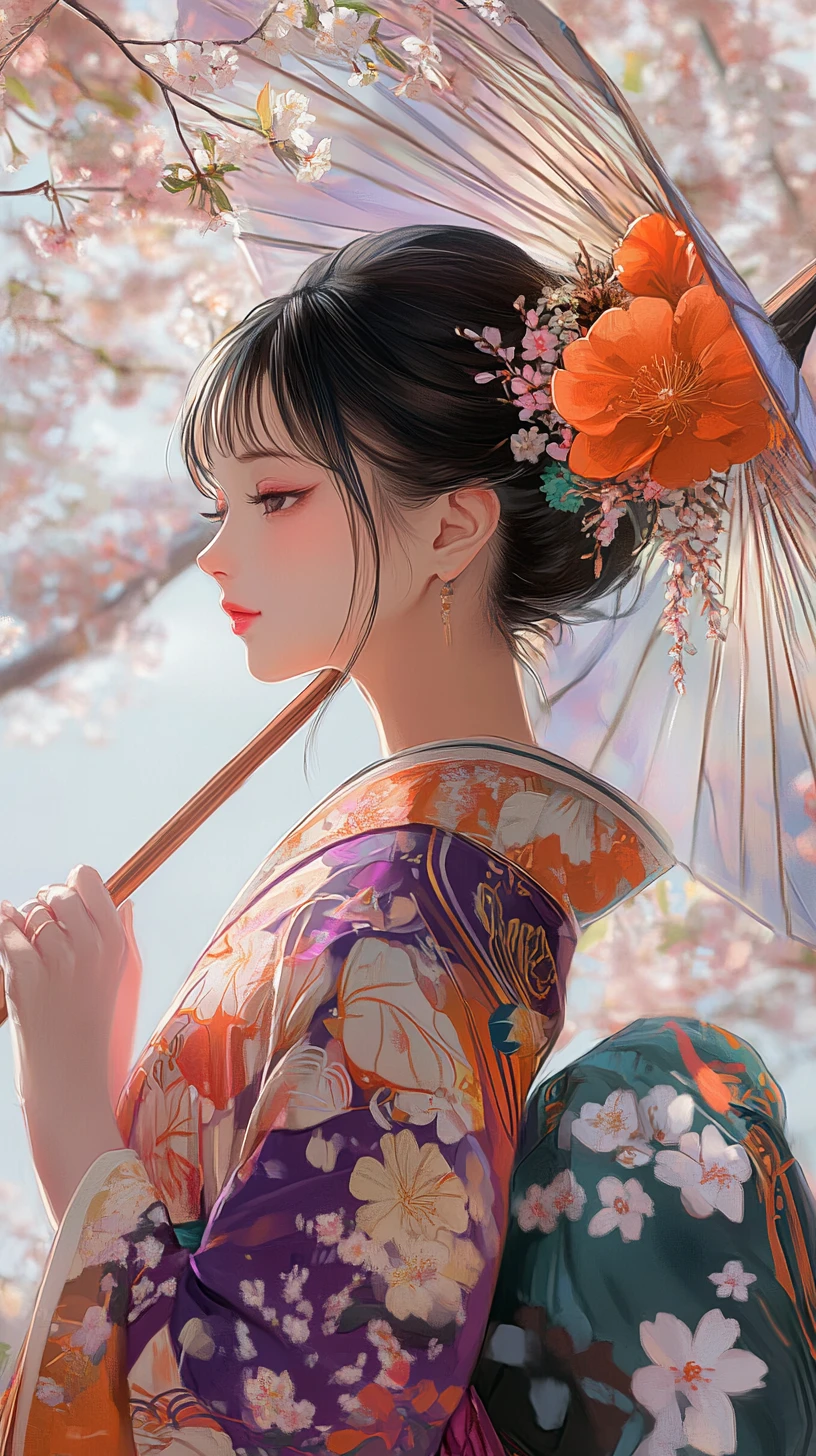 Anime woman in kimono under umbrella with cherry blossoms