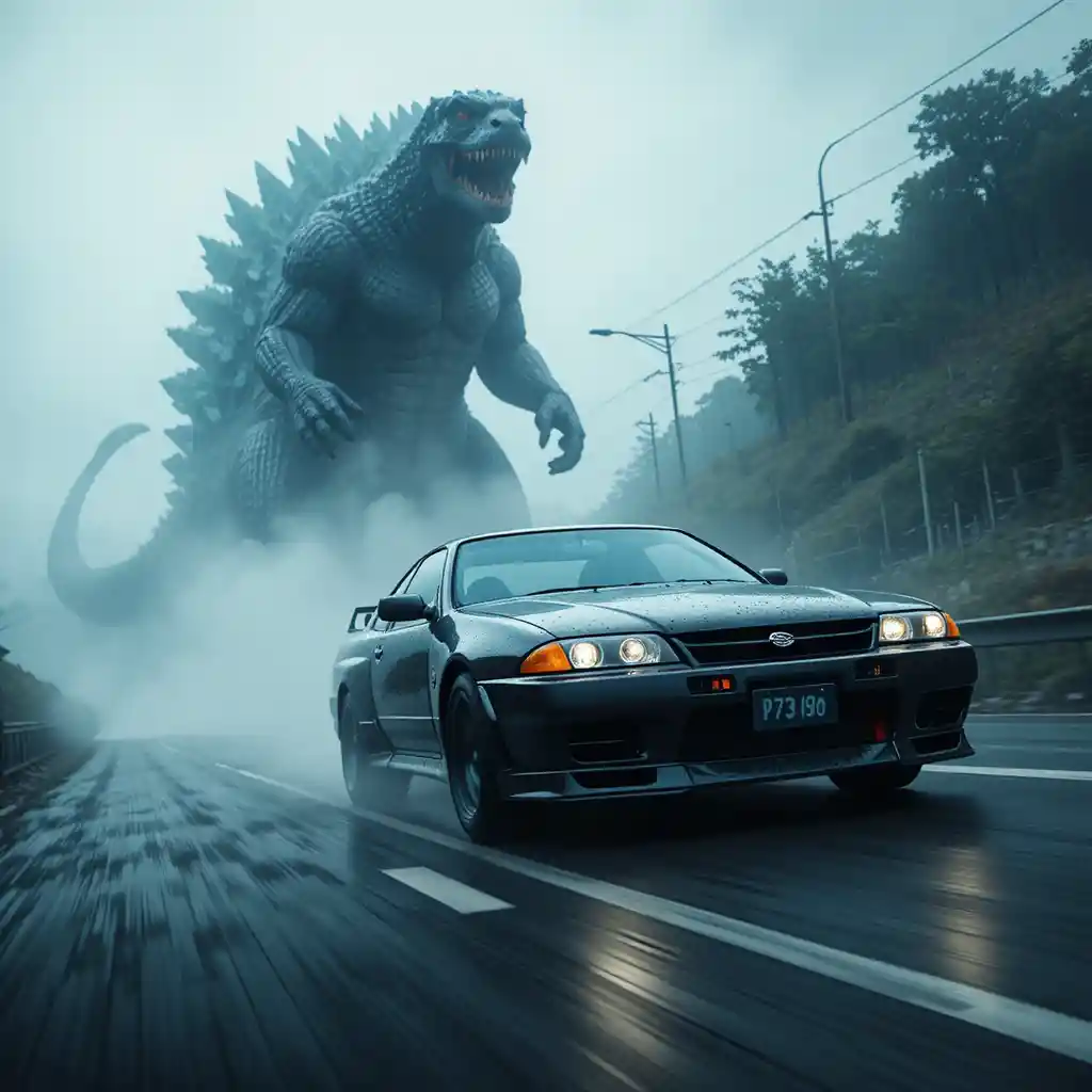 Racing sports car on a wet foggy cinematic highway