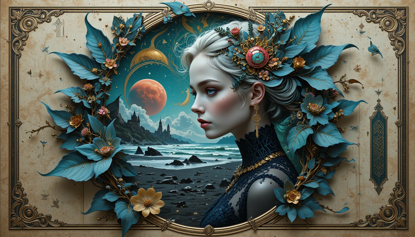 Surreal woman portrait with abstract leaves and gold details
