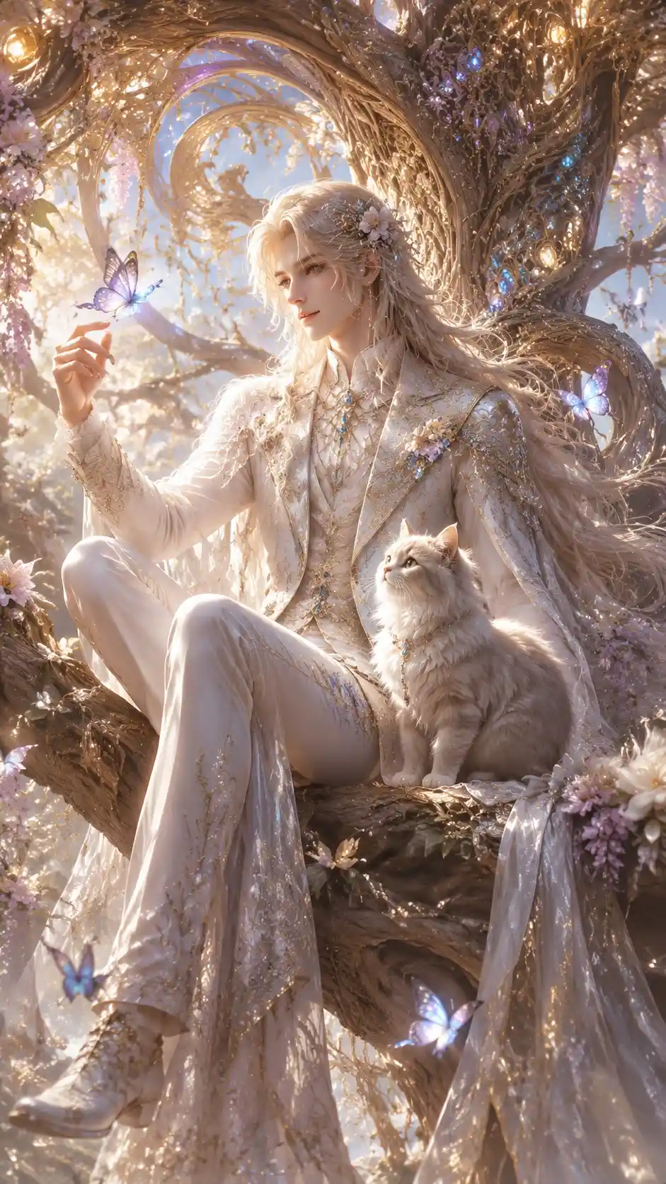 Ethereal prince on a magical tree with butterflies
