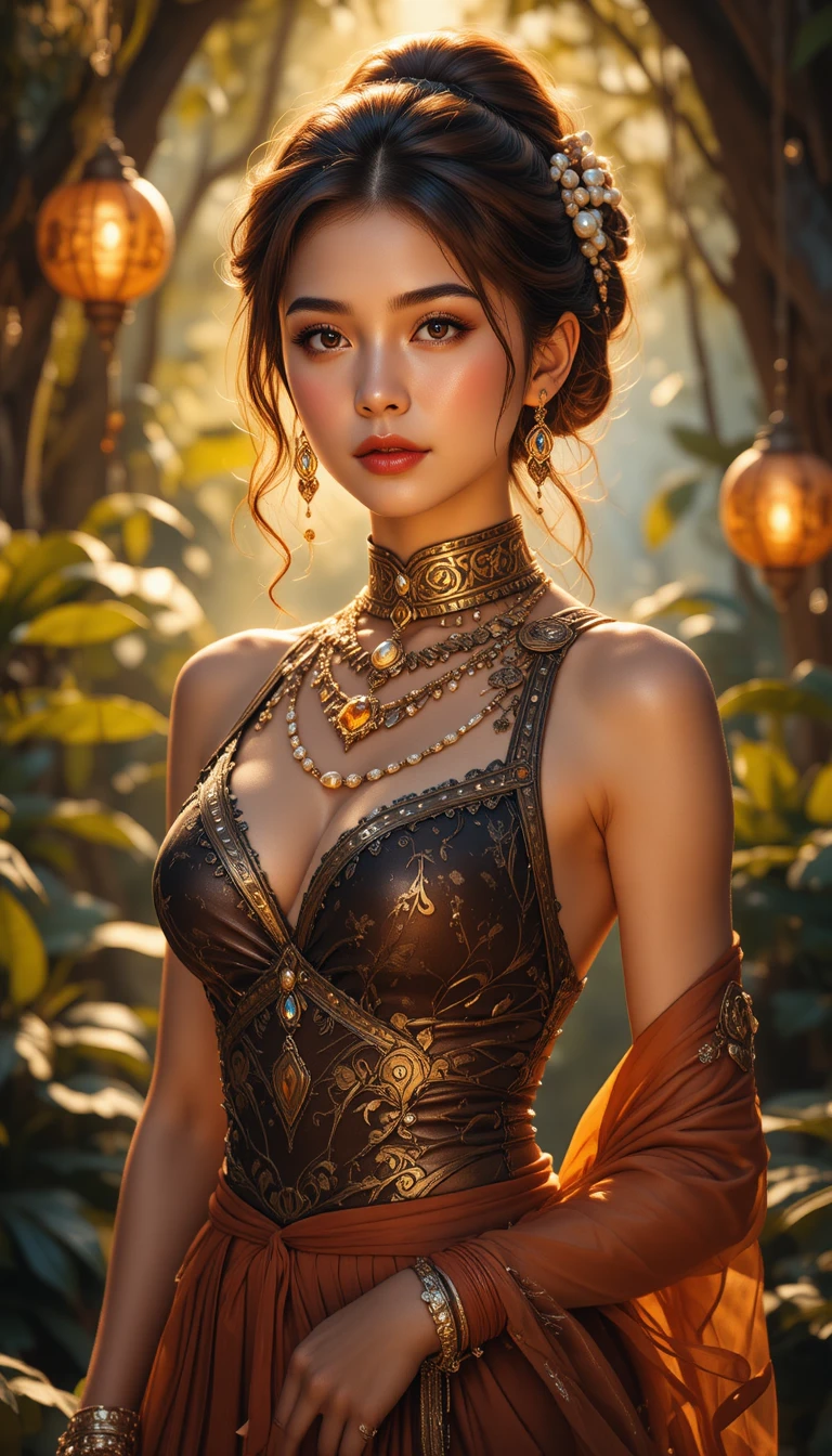 Elegant anime woman in jungle light with golden jewelry