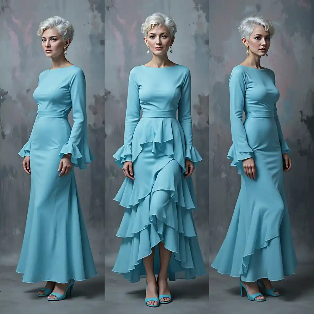 Elderly woman in cyan maxi dress against abstract charcoal background