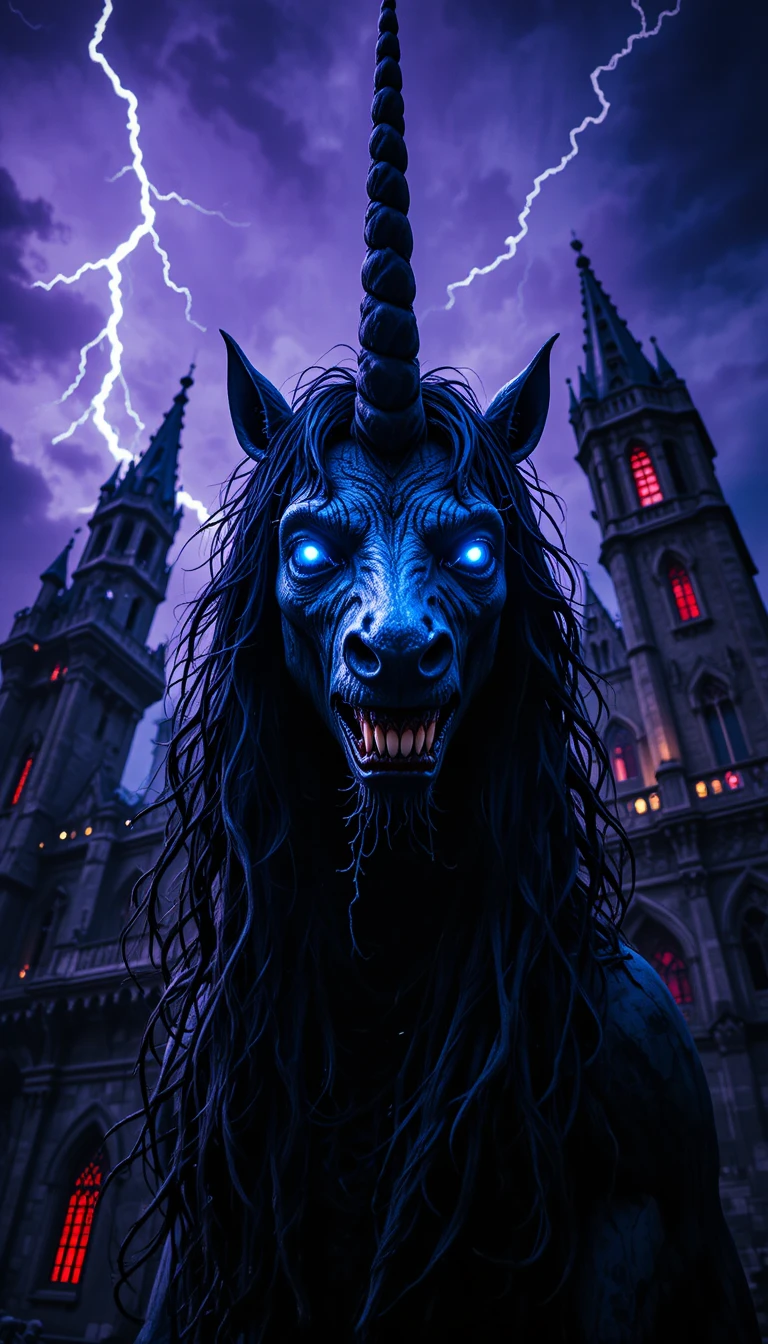 Unicornio demoníaco frente a un castillo gótico bajo un cielo tormentoso