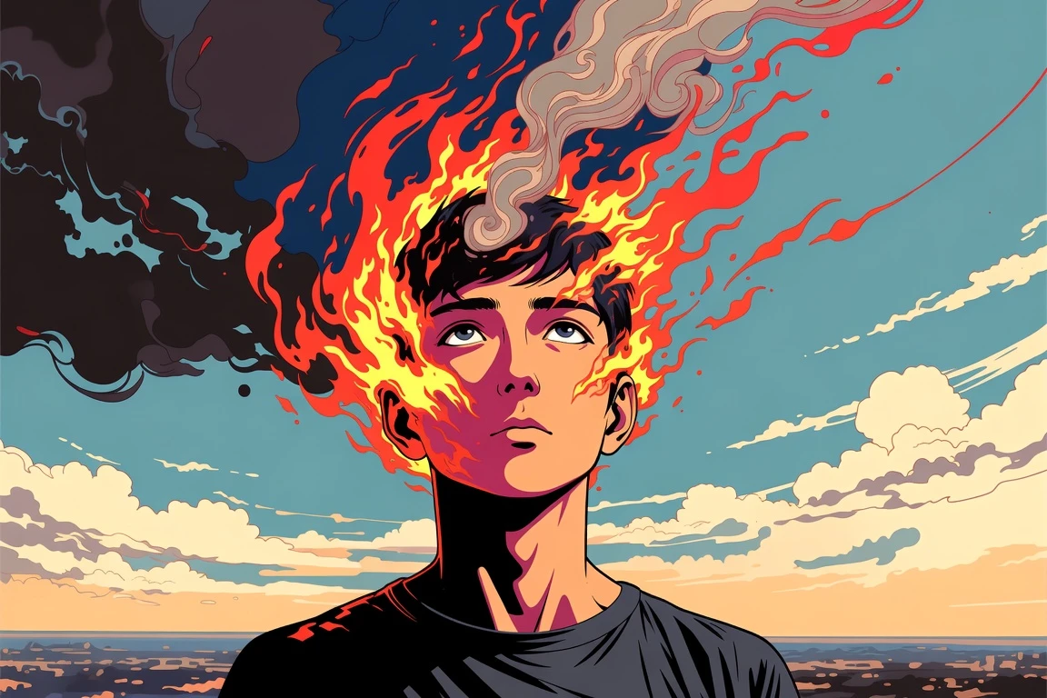 Homem com energia flamejante girando da cabeça em estilo cartoon