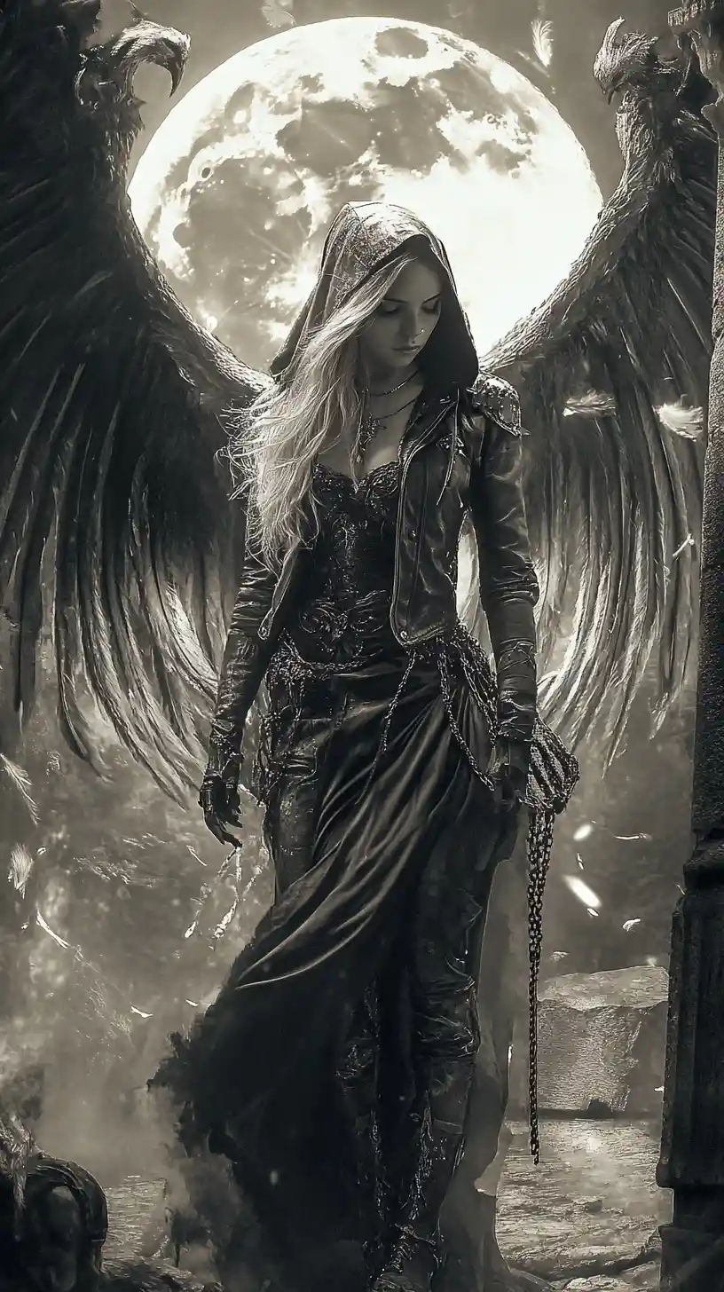 Fallen gothic angel woman before ancient crumbling stone pillars