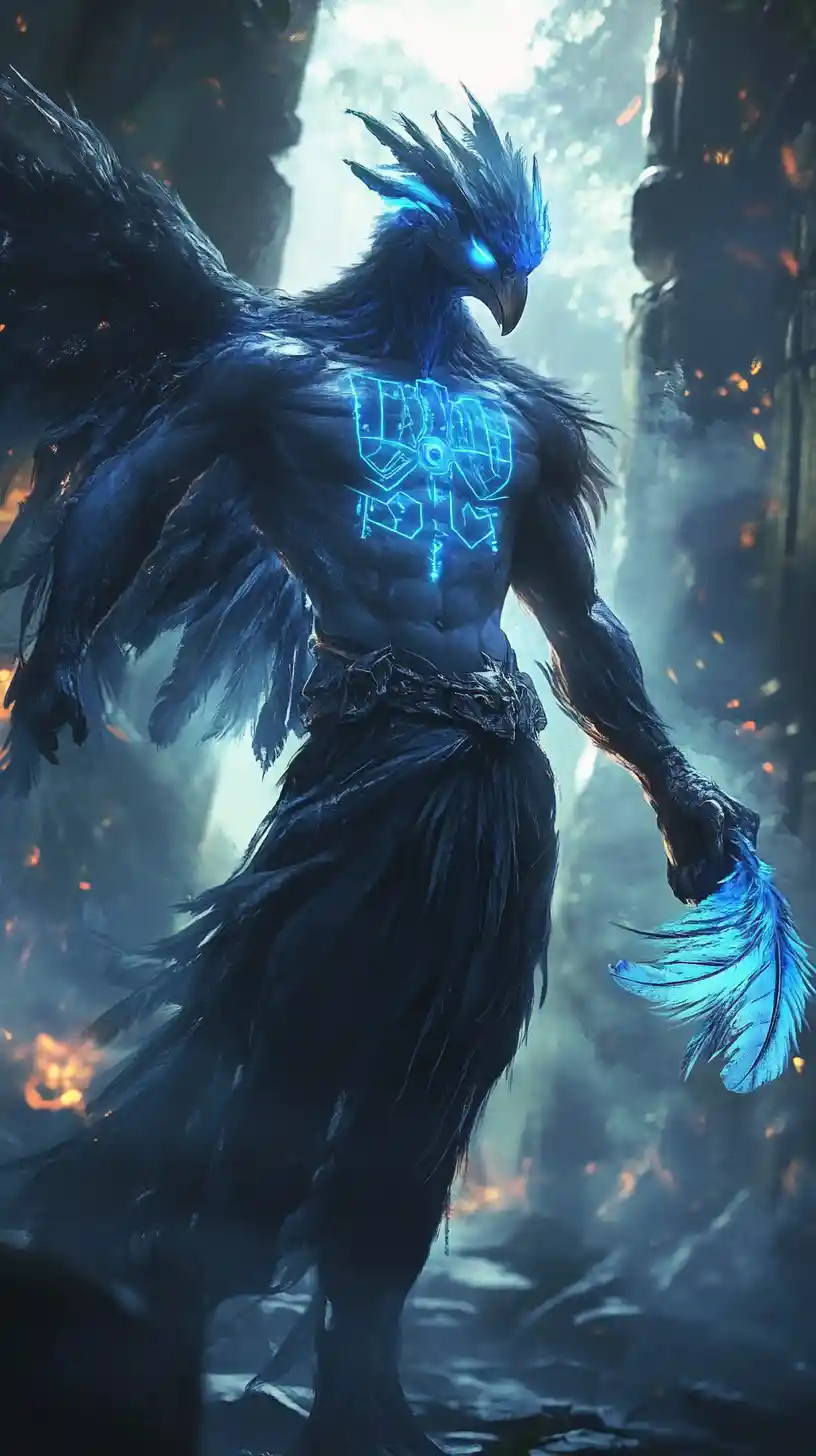 Mythic bird man warrior towering before jungle temple