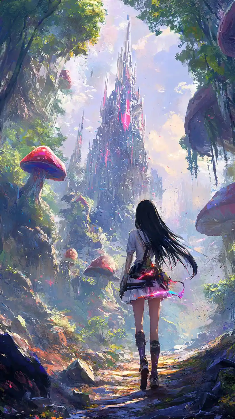 Anime-Mädchen beobachtet eine zerbrechende Welt im Fantasy-Wald