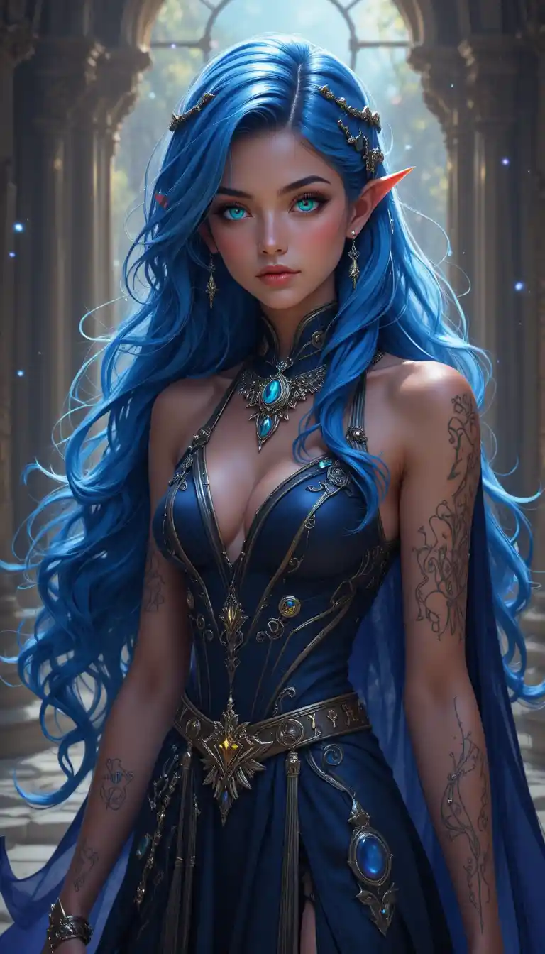 Young fantasy mage woman with glowing magical tattoos