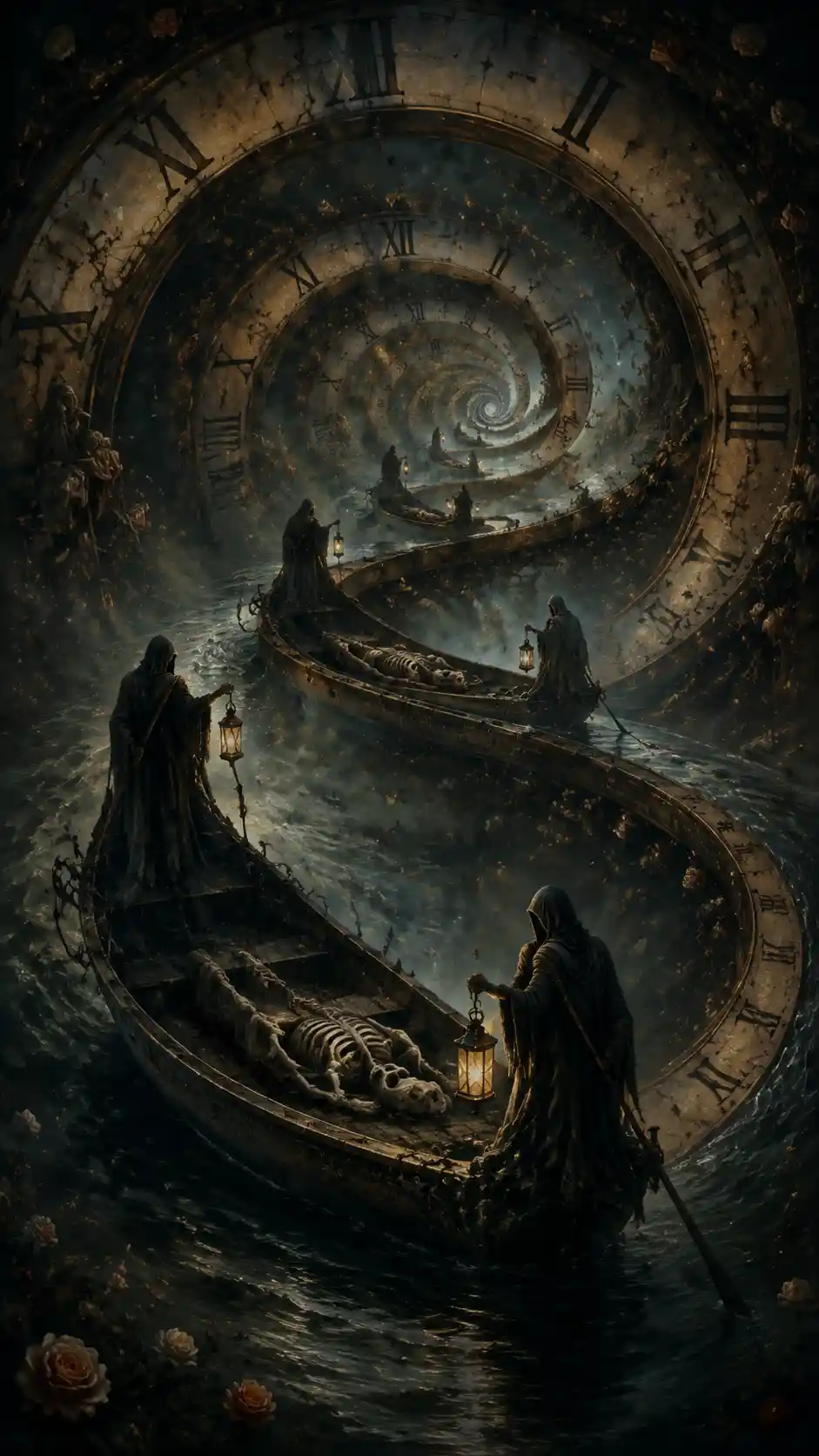 Skeletal boat circling a looping river through clock rings