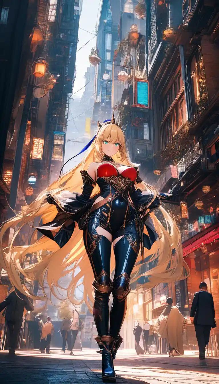 Fantasy warrior maiden with tattoos on a modern city street