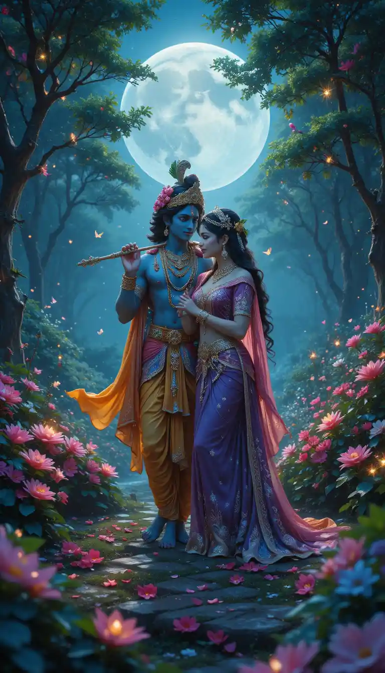 Divine couple in a moonlit enchanted forest garden