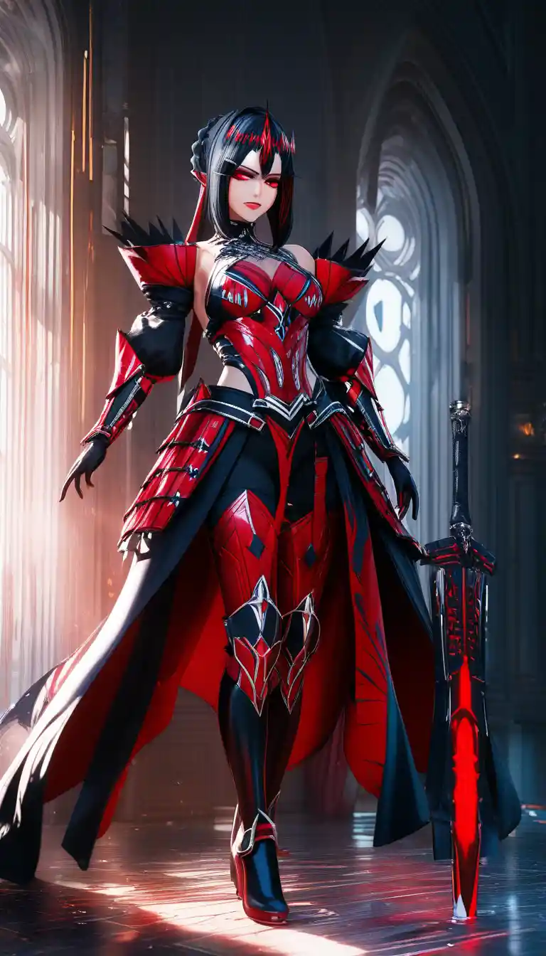 3D sci fi woman in dark sith inspired armor standing