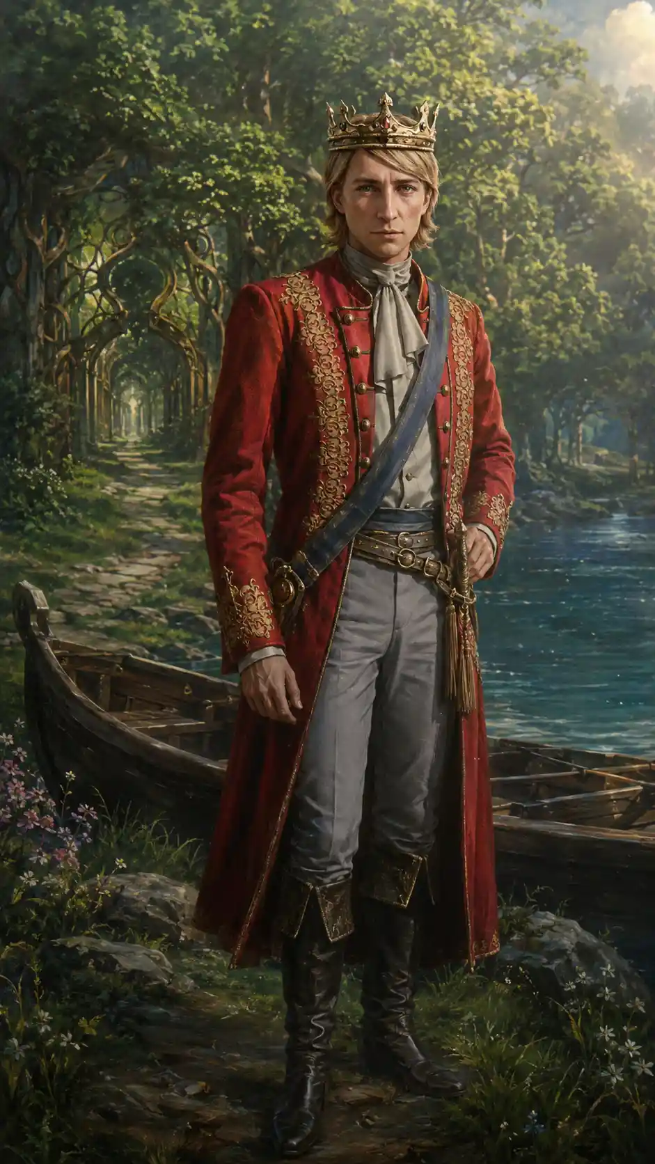 Young crowned man in red coat before forest lake