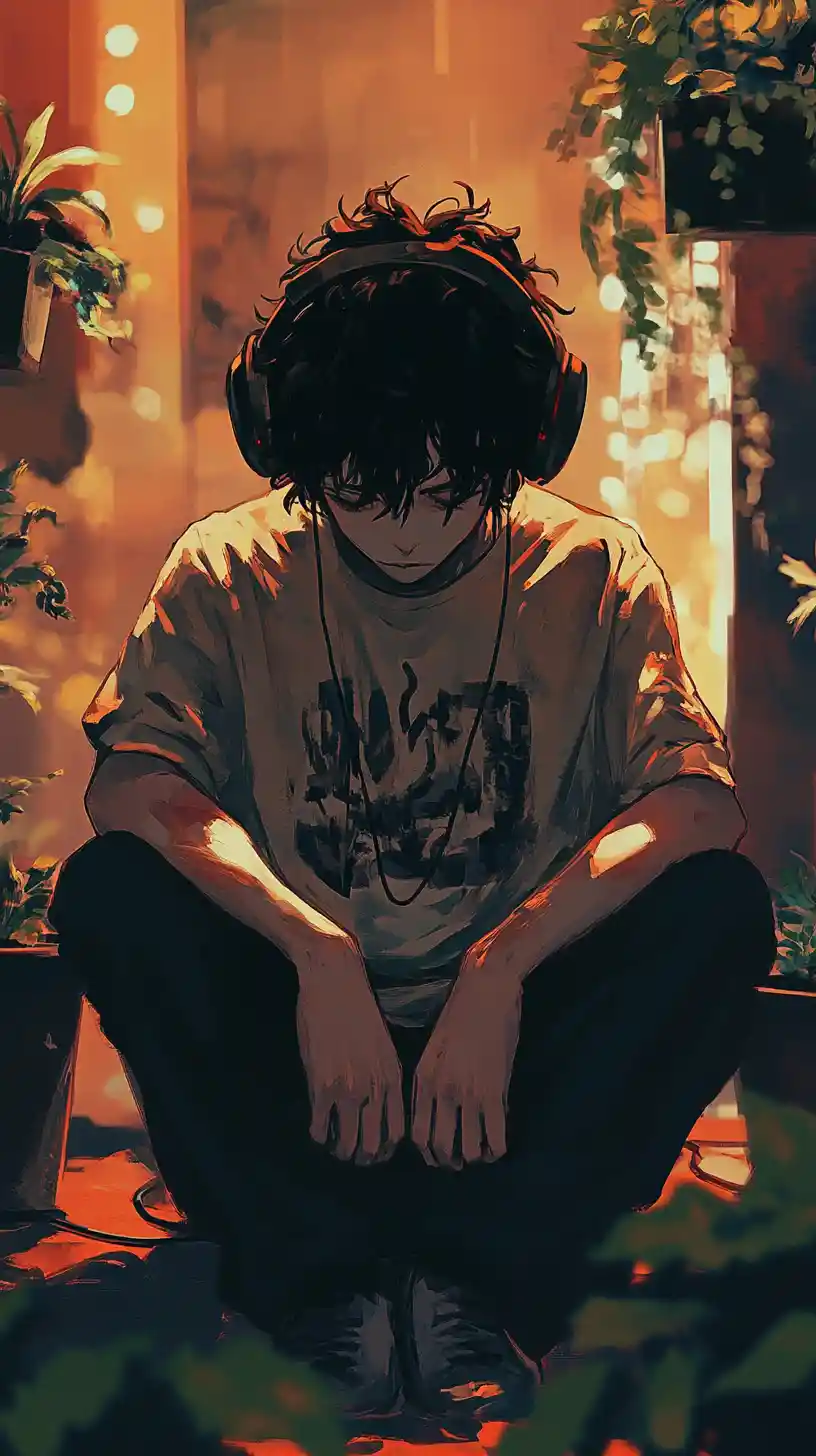 Young man in headphones resting among shadowy indoor plants