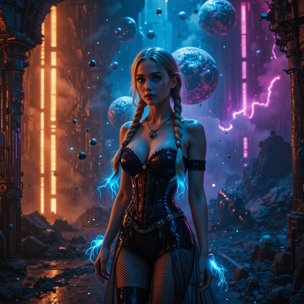 Confident woman with glowing braids in cosmic ruins