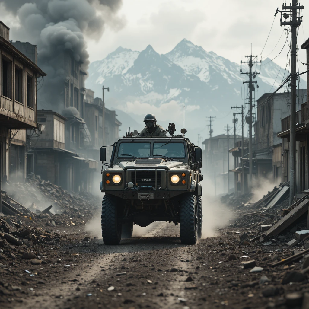 Armored military truck in a ruined post apocalyptic city