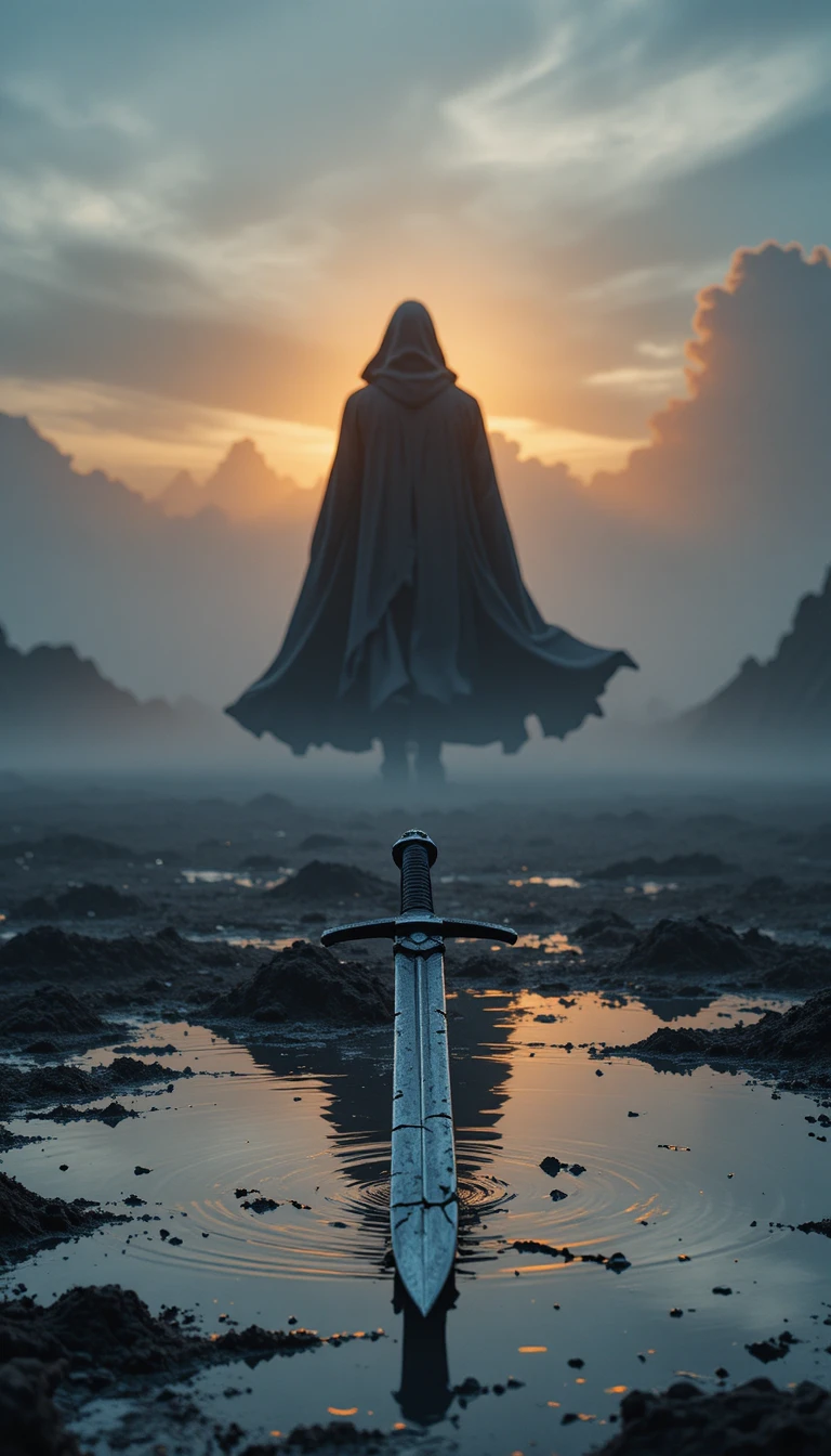 Cracked sword in foggy puddle at sunset with cloaked figure