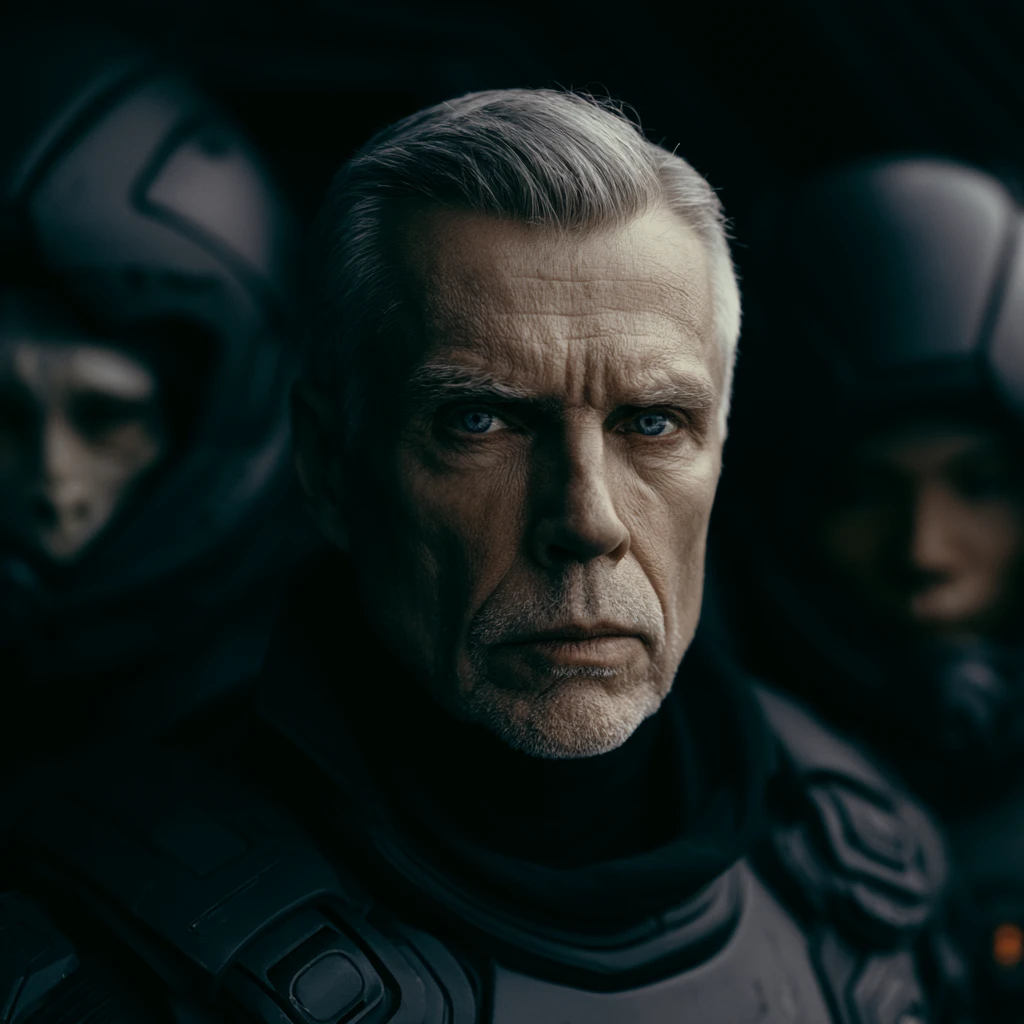 Older man in futuristic cyber suit aboard a spaceship