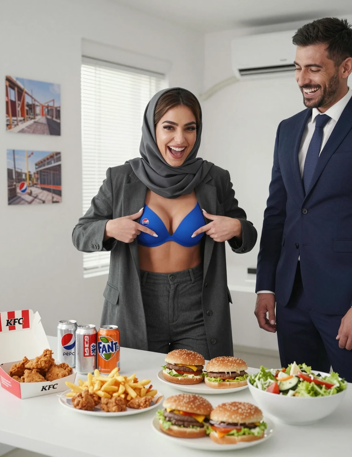 Laughing woman in office pointing at her bra
