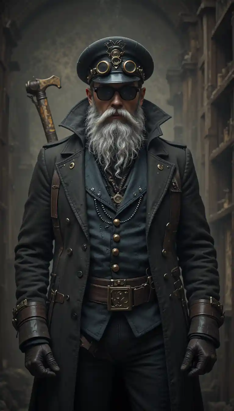 Ruthless Victorian airship captain in a steampunk greatcoat