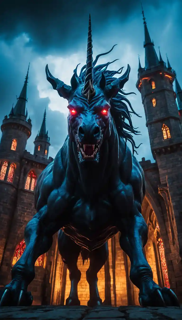Demonic unicorn before a gothic castle under lightning sky