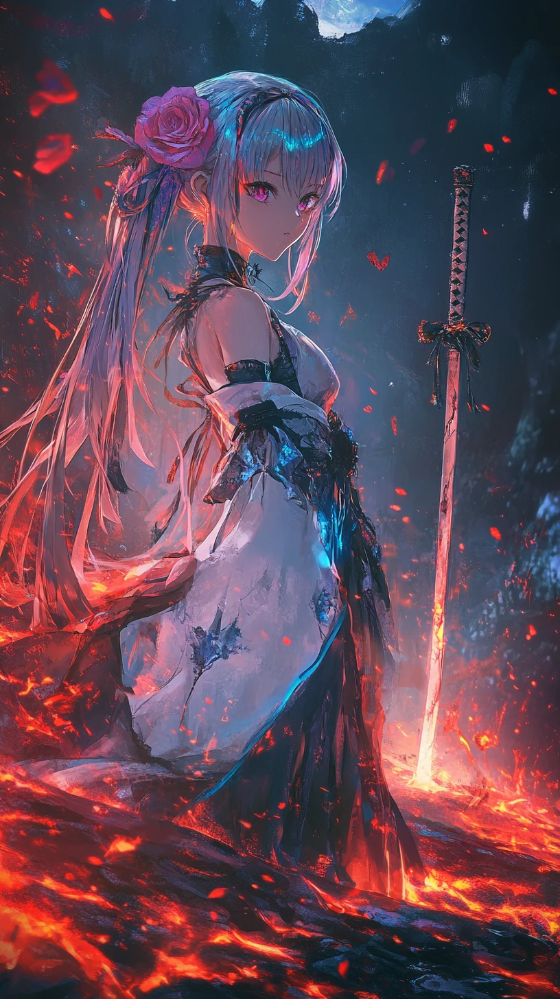 Anime girl lying in lava under a dark red moonlit sky