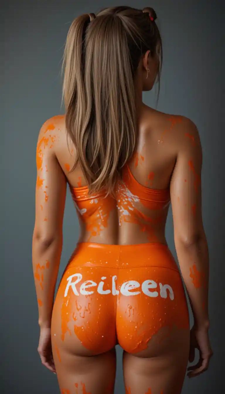 Woman in orange gym shorts with rear name print