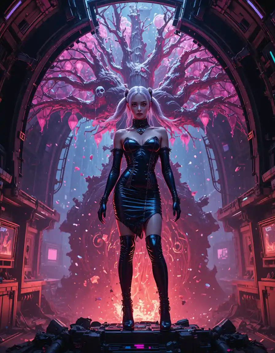 Femme fatale on shattered starship in neon sci fi hellscape