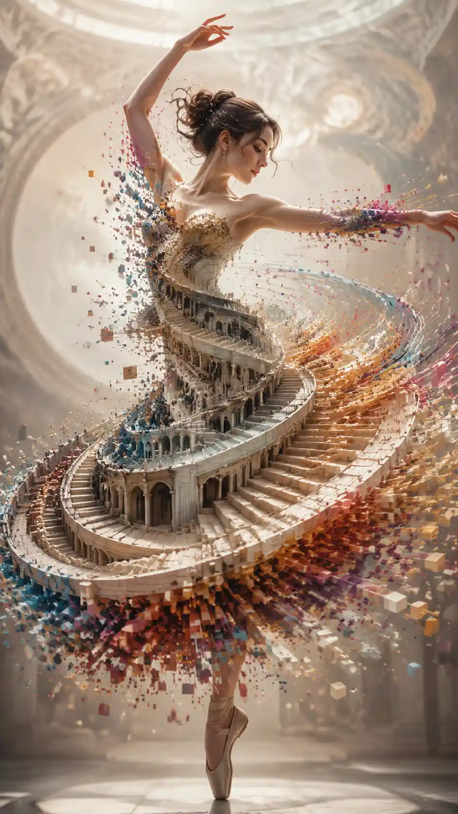 Dancer spinning with staircase dress dissolving into voxels