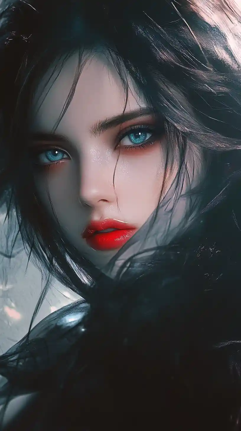 Mysterious blue eyed woman in flowing dark fabric