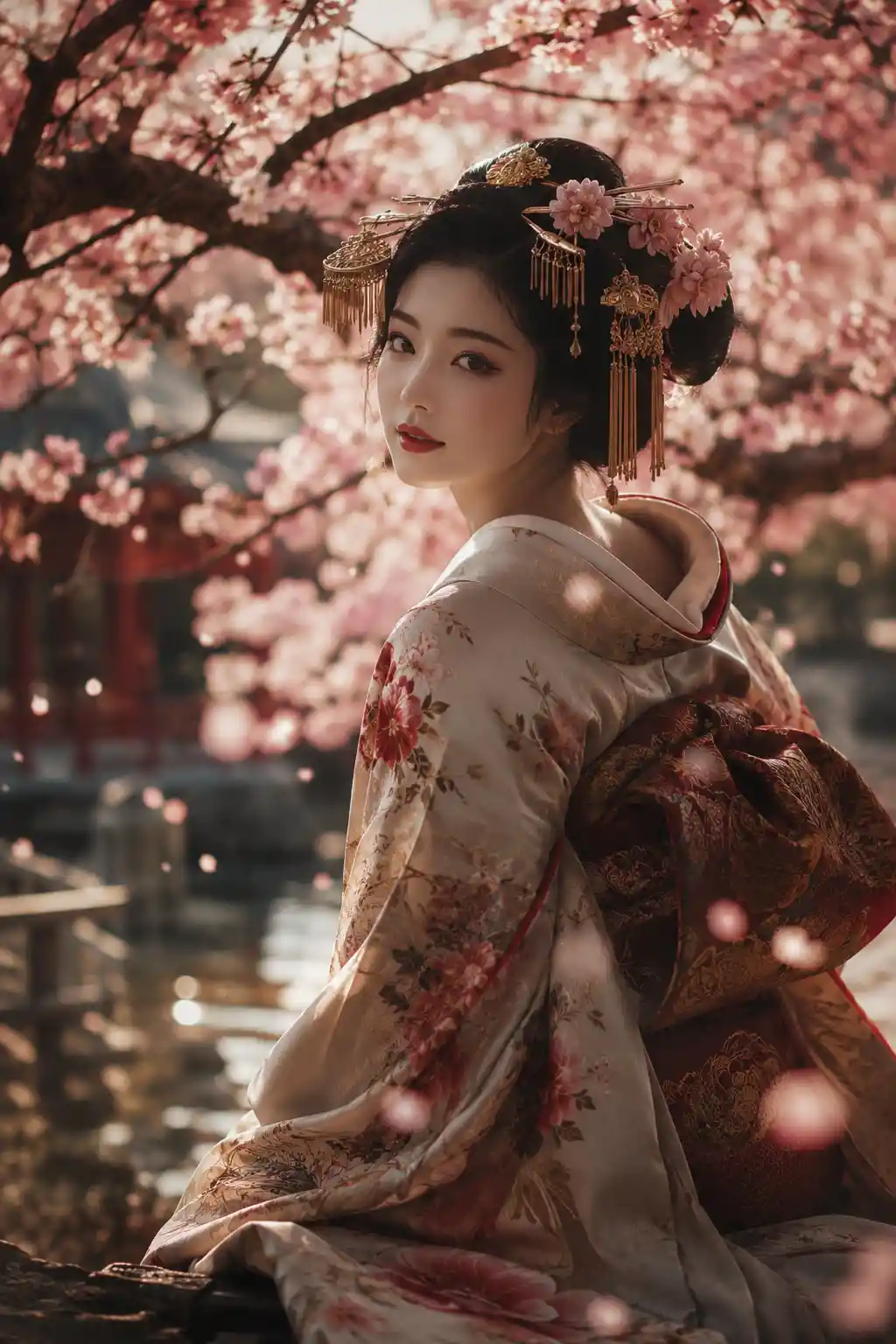 Geisha serena sotto i ciliegi in fiore illuminati dal sole