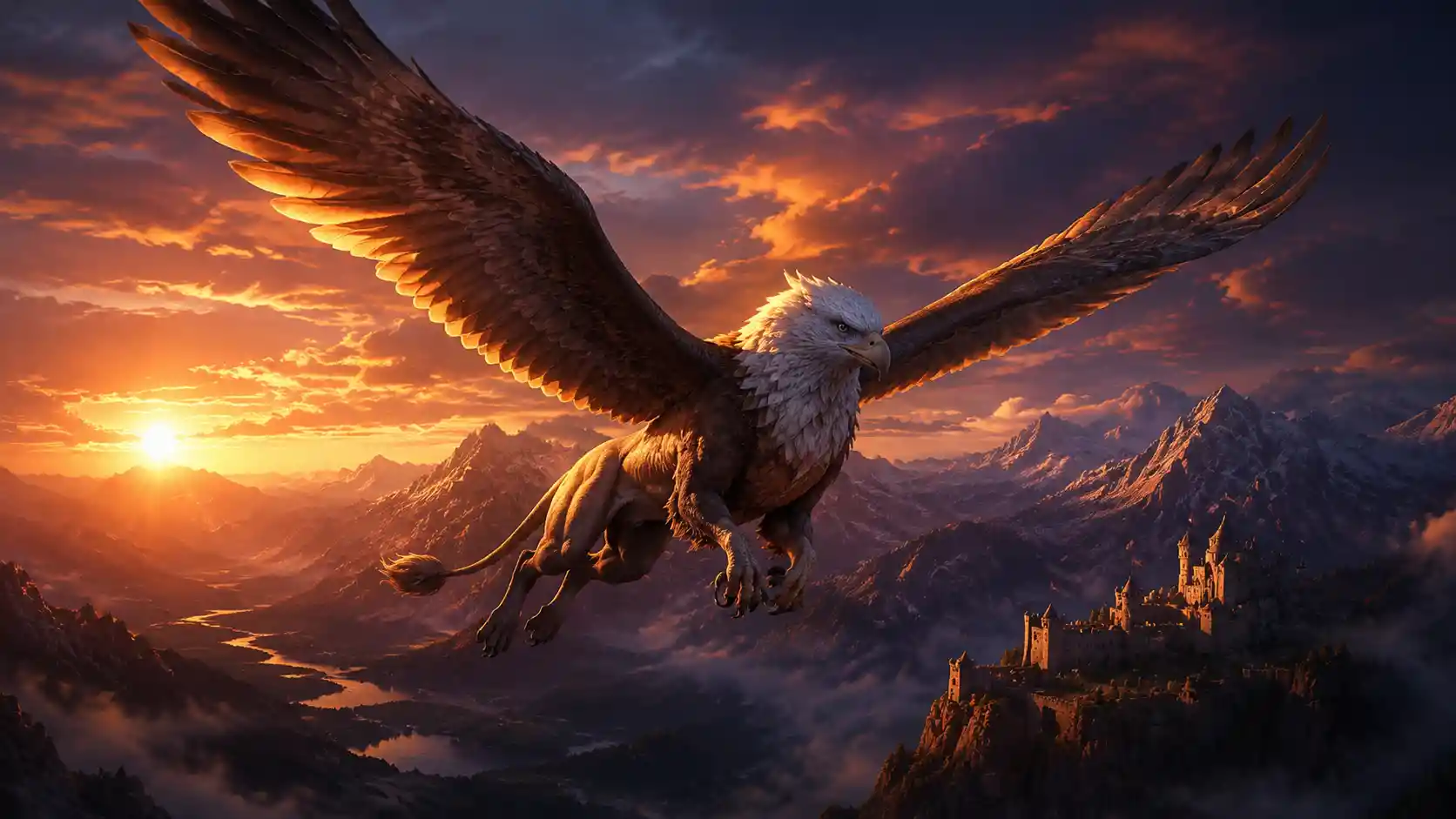 Majestic griffin soaring above twilight mountain peaks