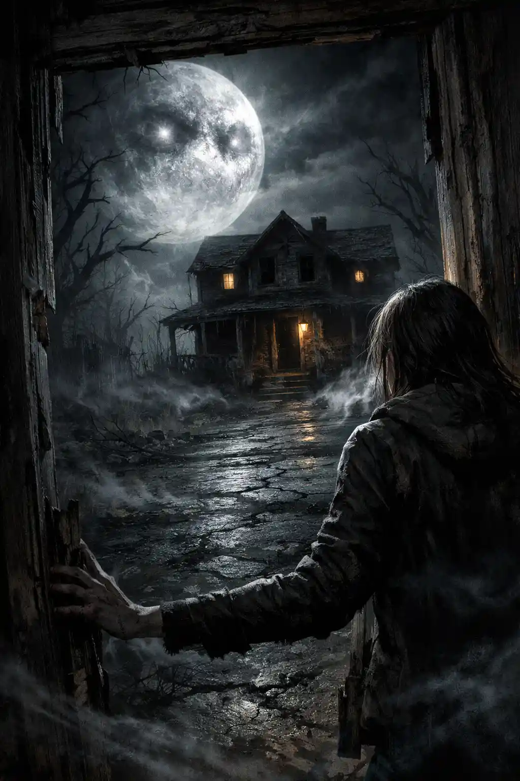 Moonlit haunted house at the end of a desolate street