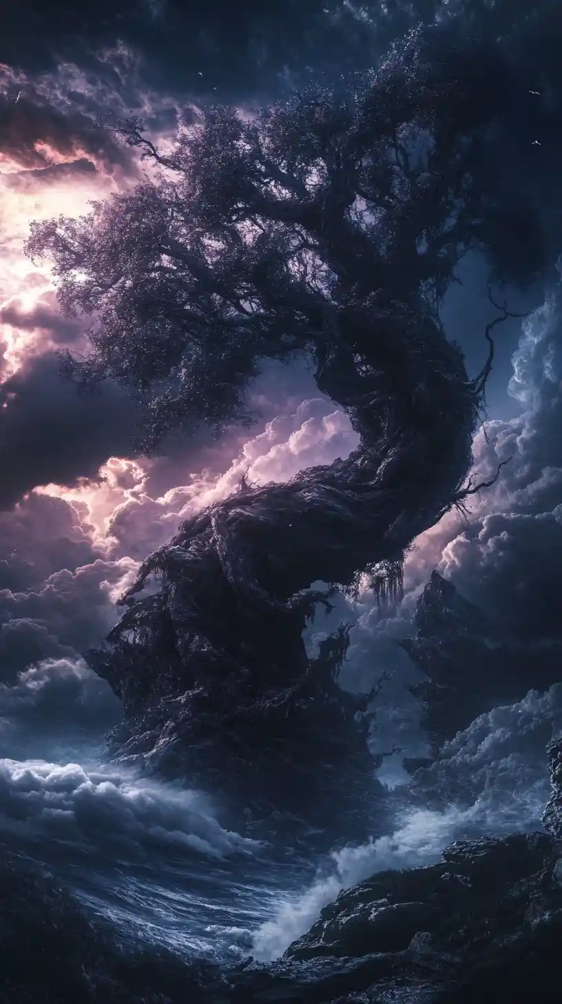 Dark vision of nature with trees and gathering clouds