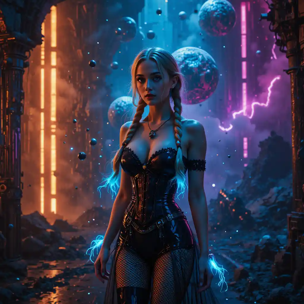 Confident woman with glowing braids in cosmic ruins