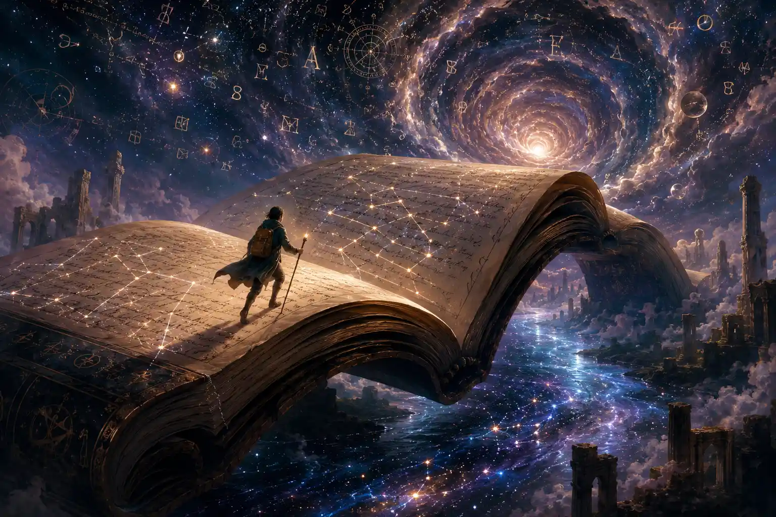 Ancient book bridge over a glowing river of starlight